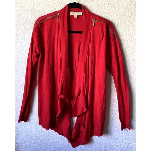 MICHAEL KORS Womens MK Long Sleeve Open Front Red Knit Cardigan Gold Zipper Sz S - Picture 1 of 11
